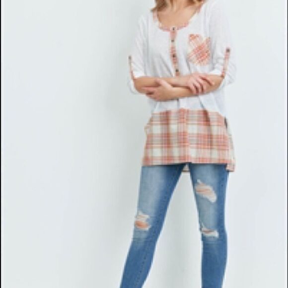 Plaid Orange-Rust ,White Button 3/4 Sleeve Shirt - Picture 2 of 7